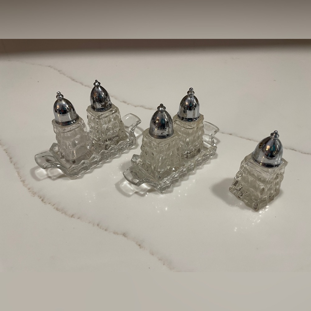 Fostoria American Clear Glass Mini Shakers with Tray; 2 Sets Plus One 1950s